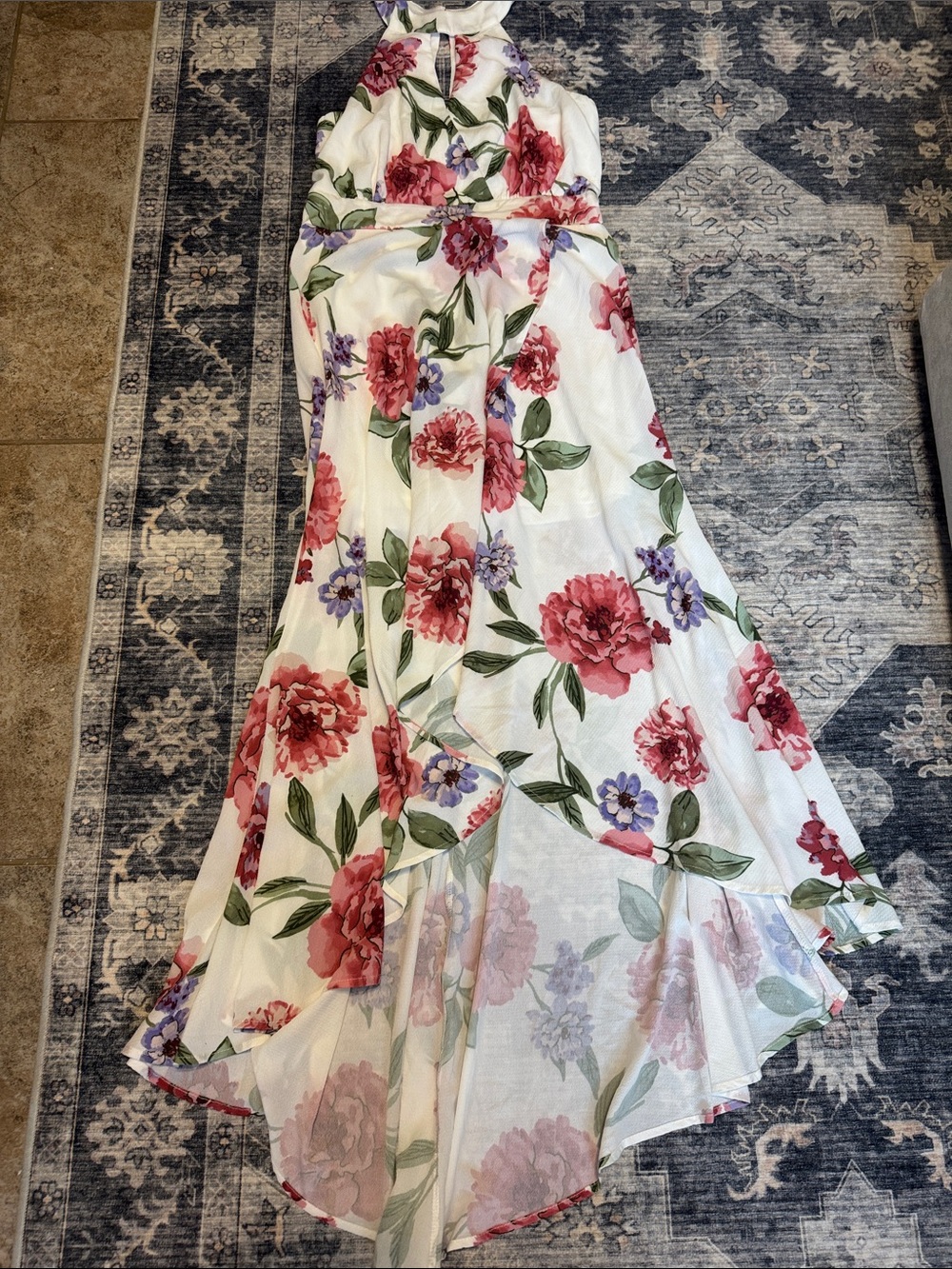 White Floral High-Low Halter Maxi Dress with Pink Blooms